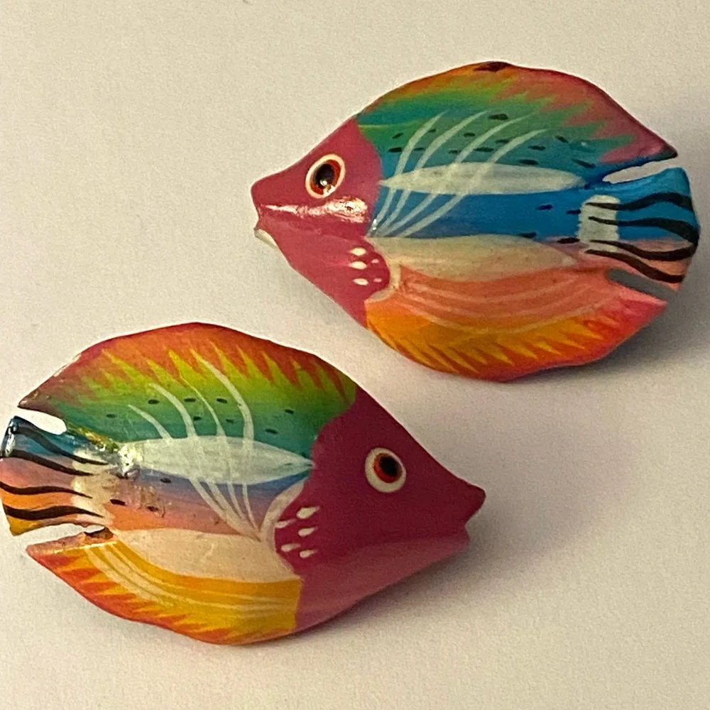 Vintage Colorful Wooden Hand Crafted Earrings Pierced Tropical Fish Design